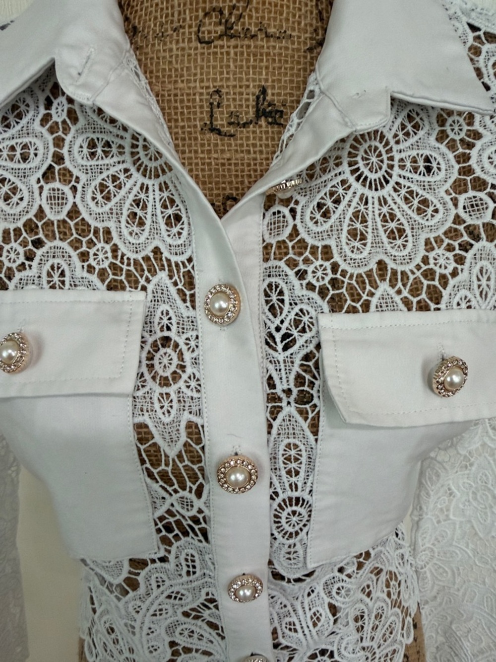 Women's White Lace Button-Up Shirt Jacket - Picture 2 of 11